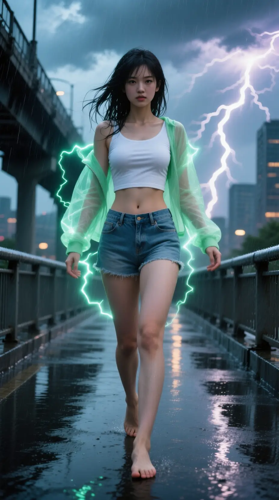 Barefoot anime woman walking across rainy city bridge