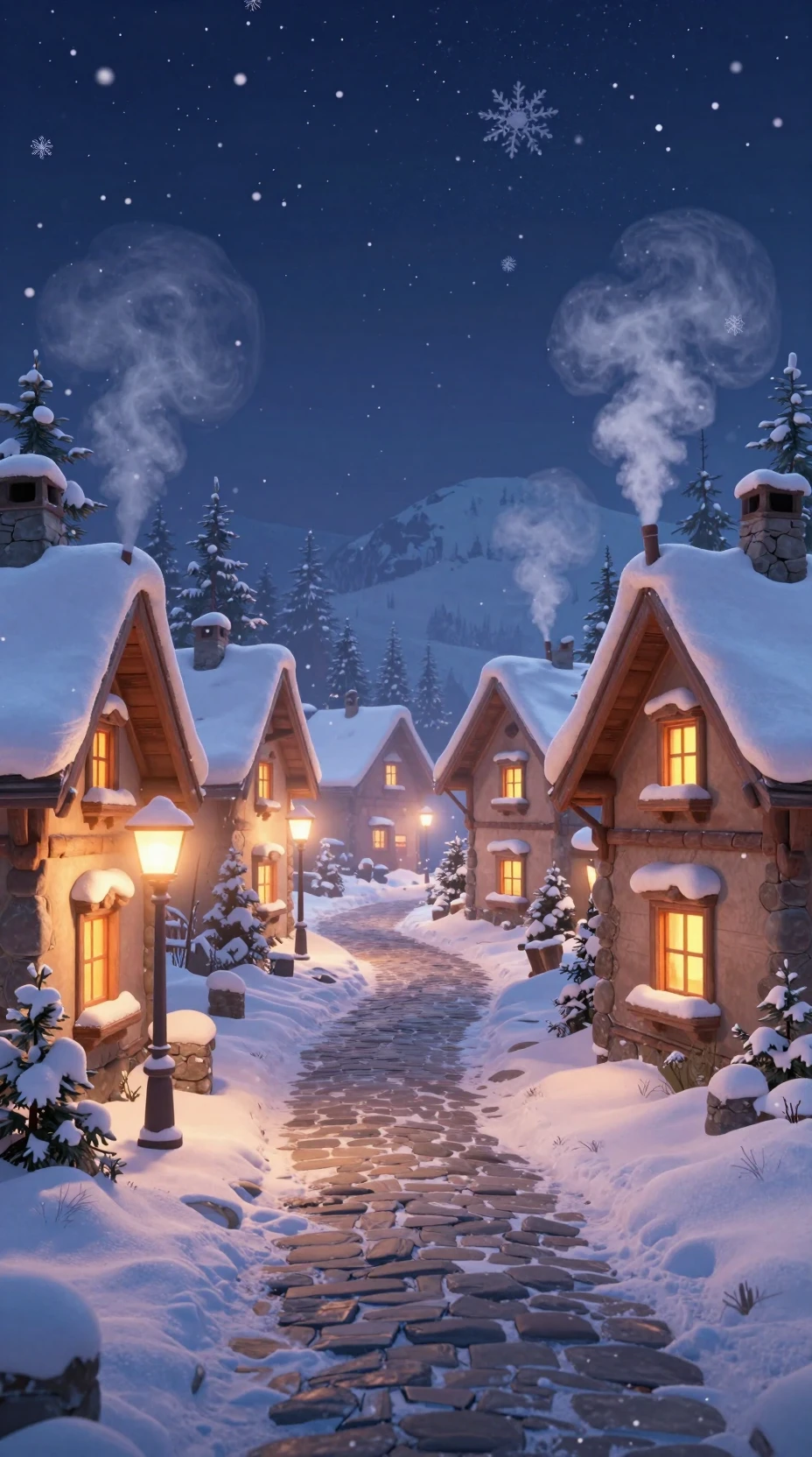 Villaggio alpino innevato sotto un cielo notturno invernale stellato
