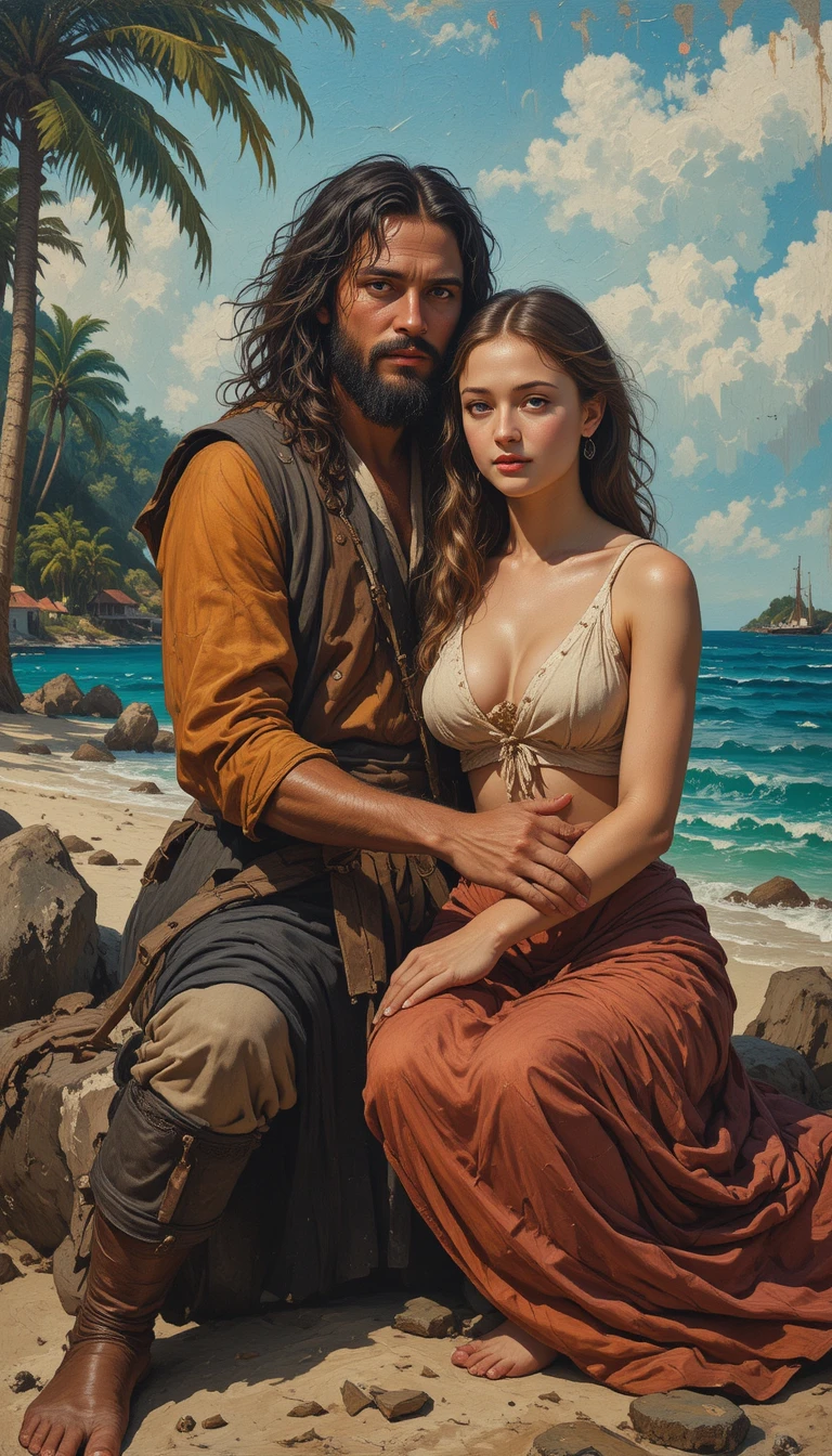 Oil portrait of a castaway couple on a remote tropical island