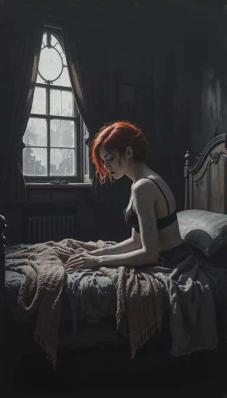 Punk woman lying on an old bed in moonlit room