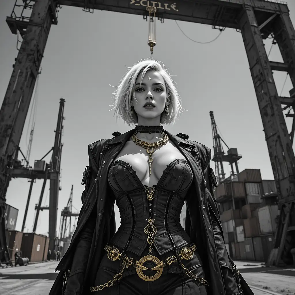Cyberpunk fashion woman under cranes at industrial harbor