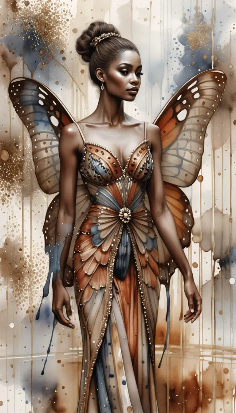 Watercolor woman with butterfly wings in gallery profile view