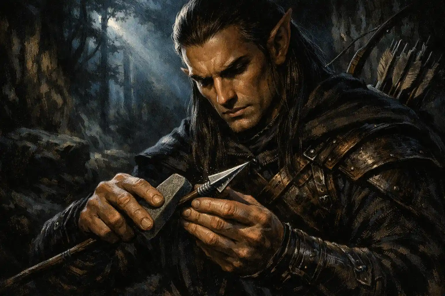Elven archer sharpening an arrow in moonlit forest