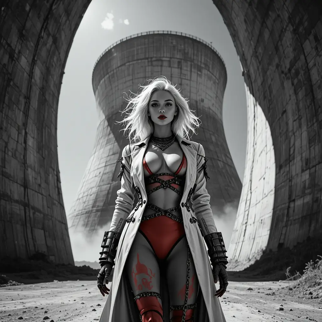 Cyberpunk fashion woman under brutal industrial sunlight