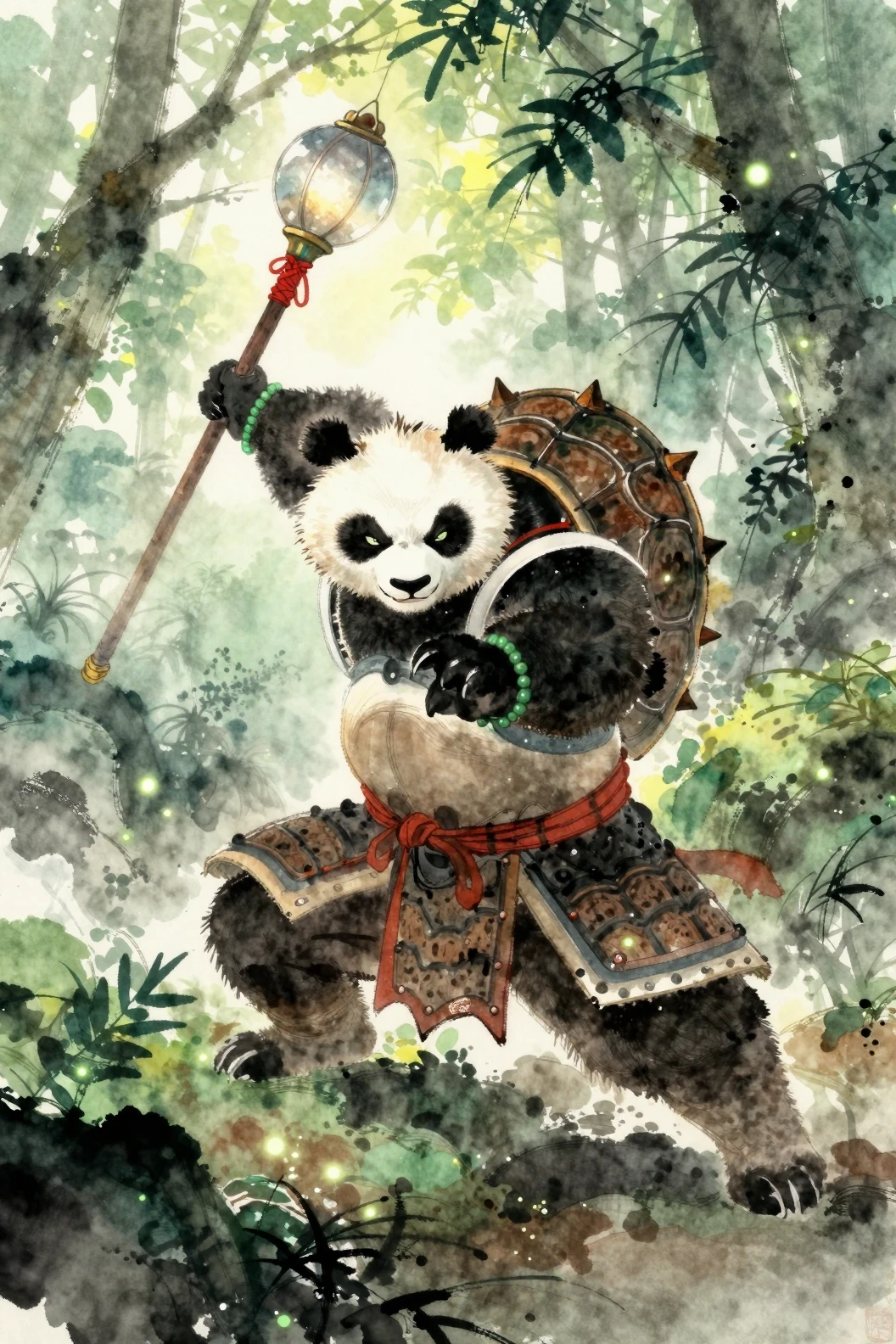Panda warrior lunging forward in mystical jungle watercolor