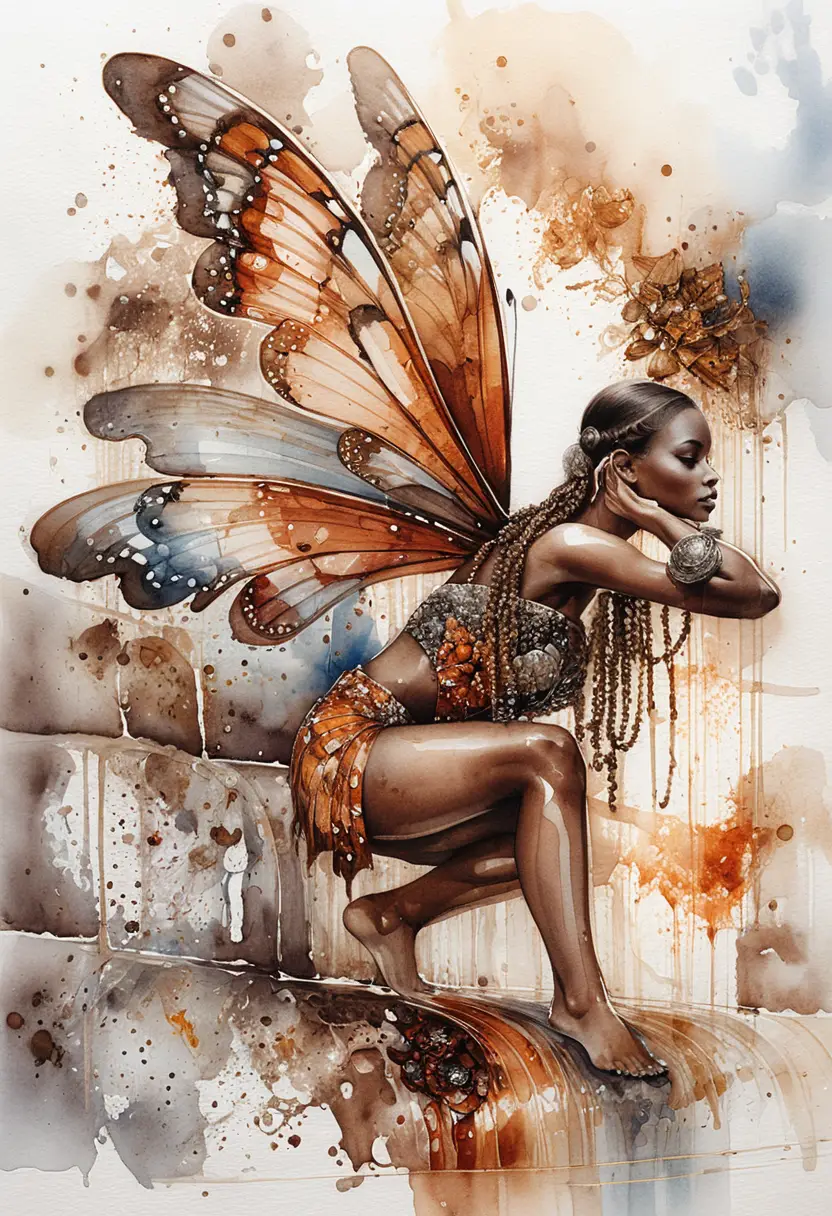 Watercolor woman with butterfly wings in minimalist gallery