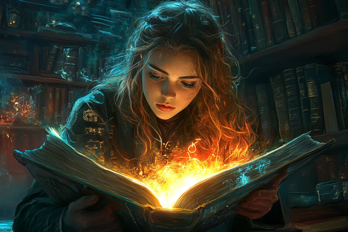 Young sorceress reading a glowing arcane tome in shadowy library