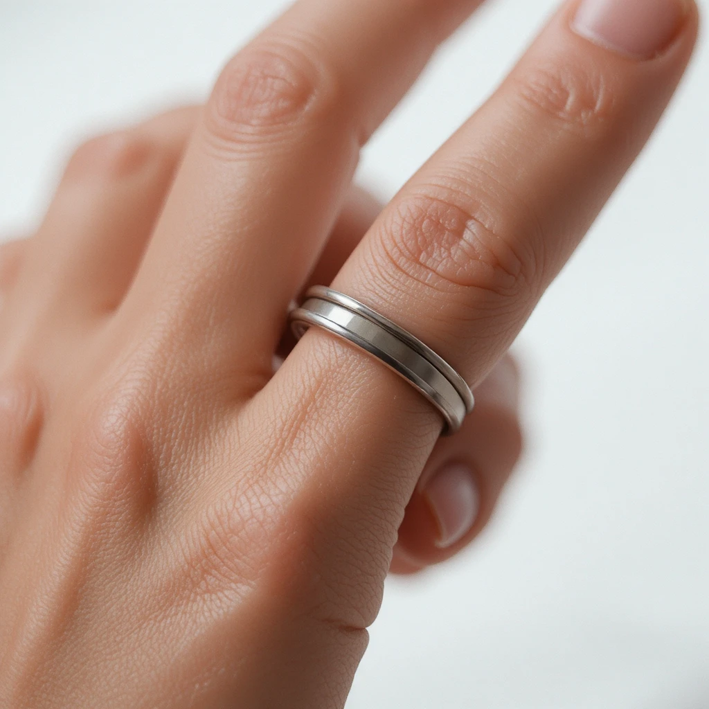 Close up hand removing a silver ring from finger