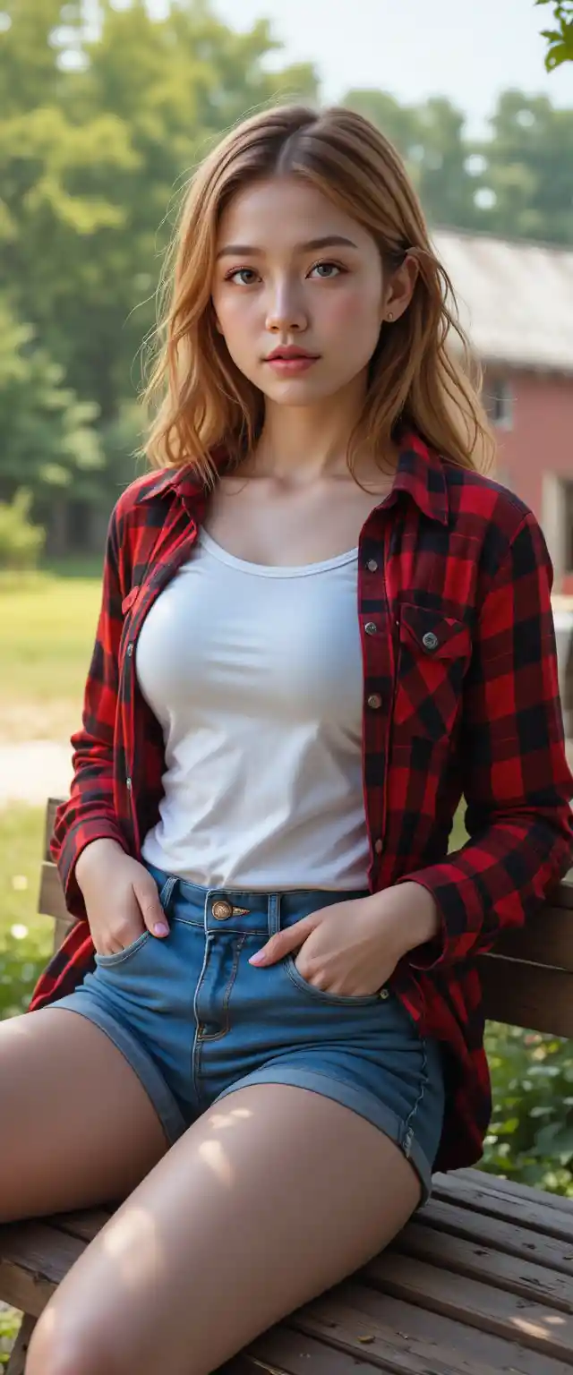 Young girl relaxing on a bench at a rustic farm