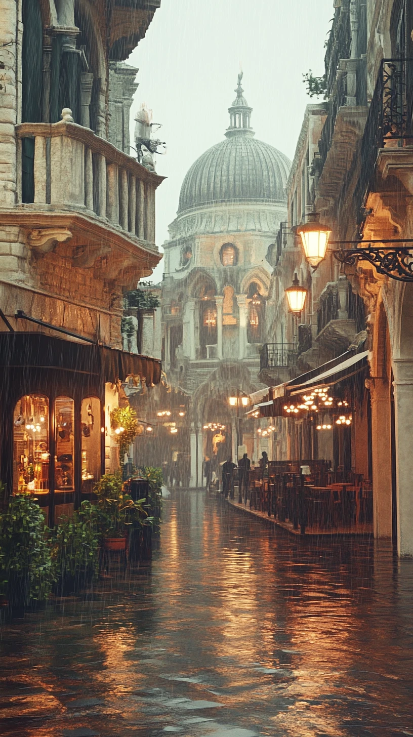 Rain soaked venetian street with glowing shopfronts