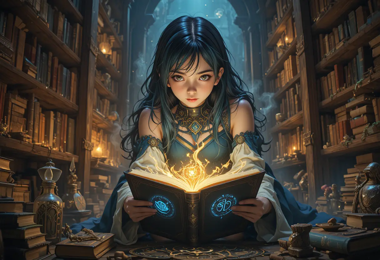 Young sorceress reading a glowing magic book in shadow