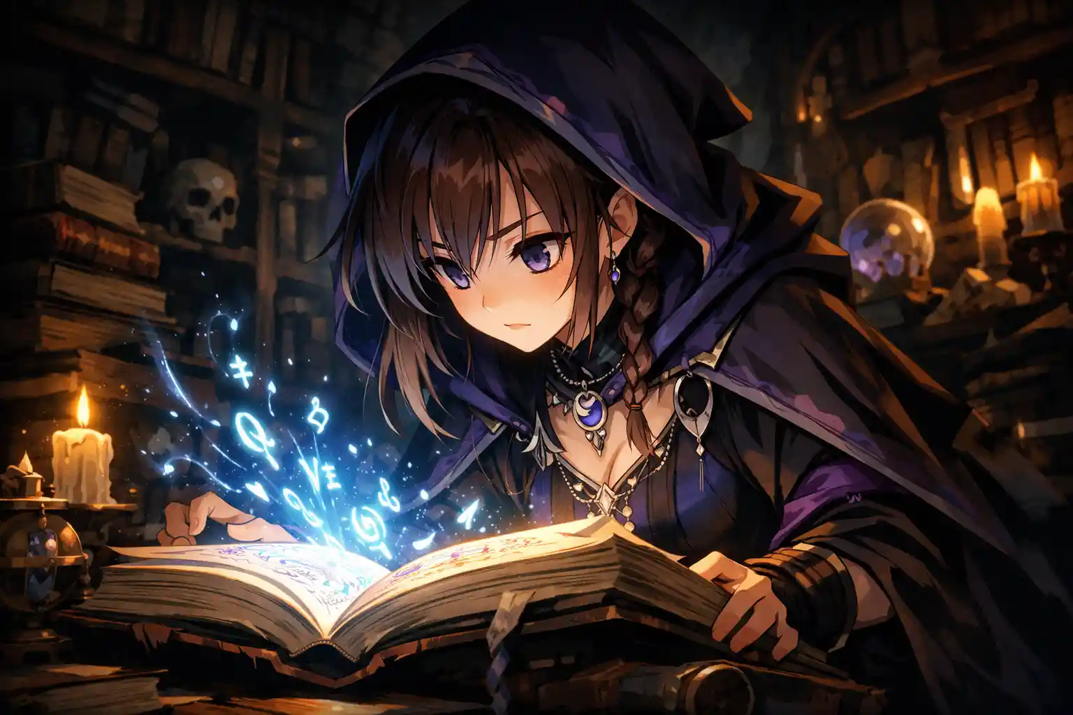 Young sorceress studying a glowing magical tome in shadows