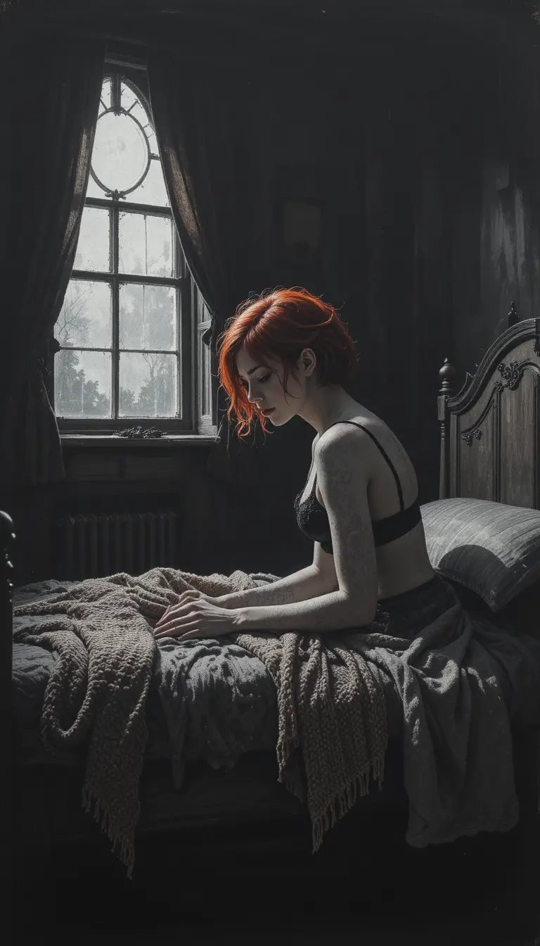 Punk woman lying on an old bed in moonlit room