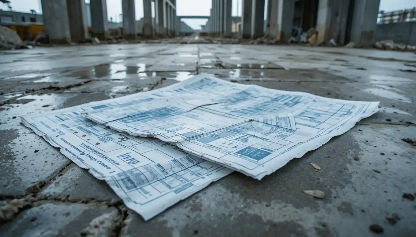 Plano rasgado sobre piso de concreto en obra industrial
