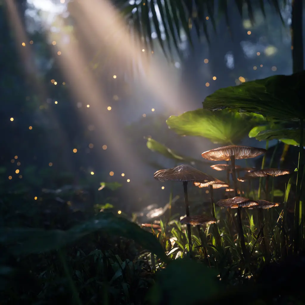 Sunlit jungle mushrooms with mist and fireflies