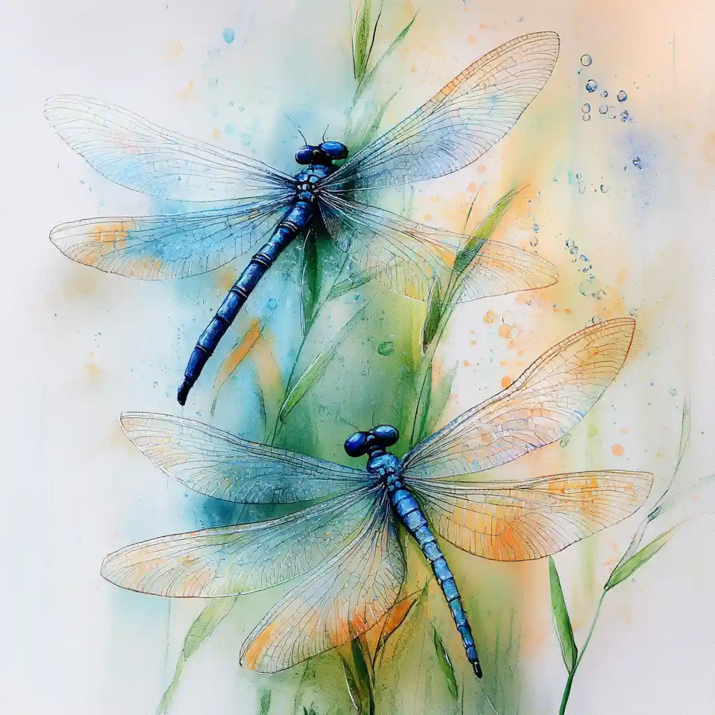 Colorful dragonflies on green stems in watercolor style