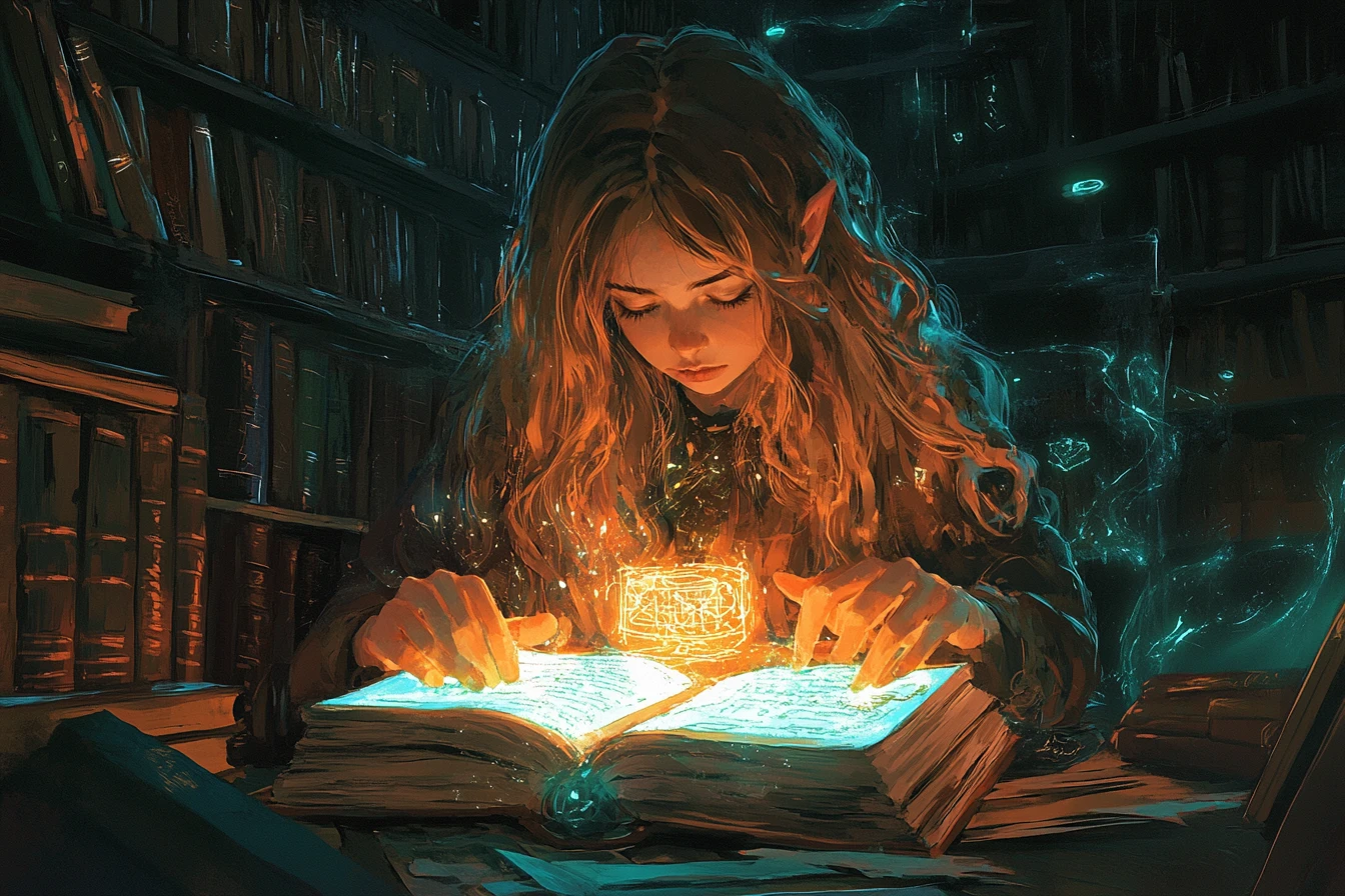 Young sorceress reading a glowing magical tome in shadowy library