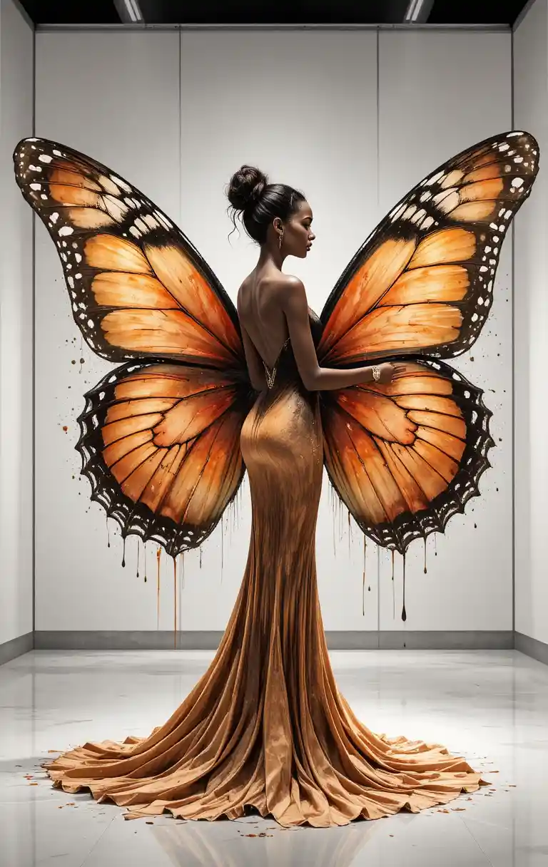 Elegant woman with butterfly wing gown in watercolor profile