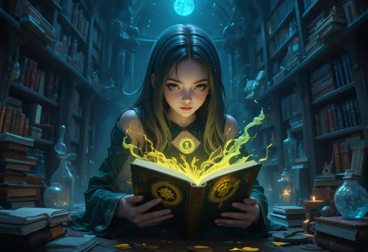 Young sorceress studying a glowing spellbook in shadow