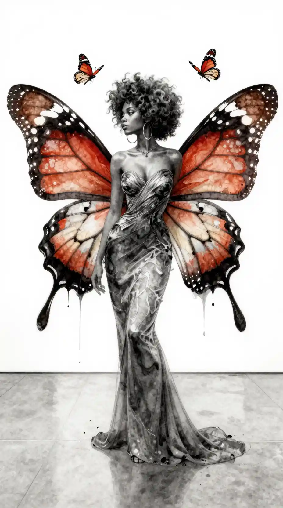 Graceful woman with butterfly wings in watercolor profile portrait