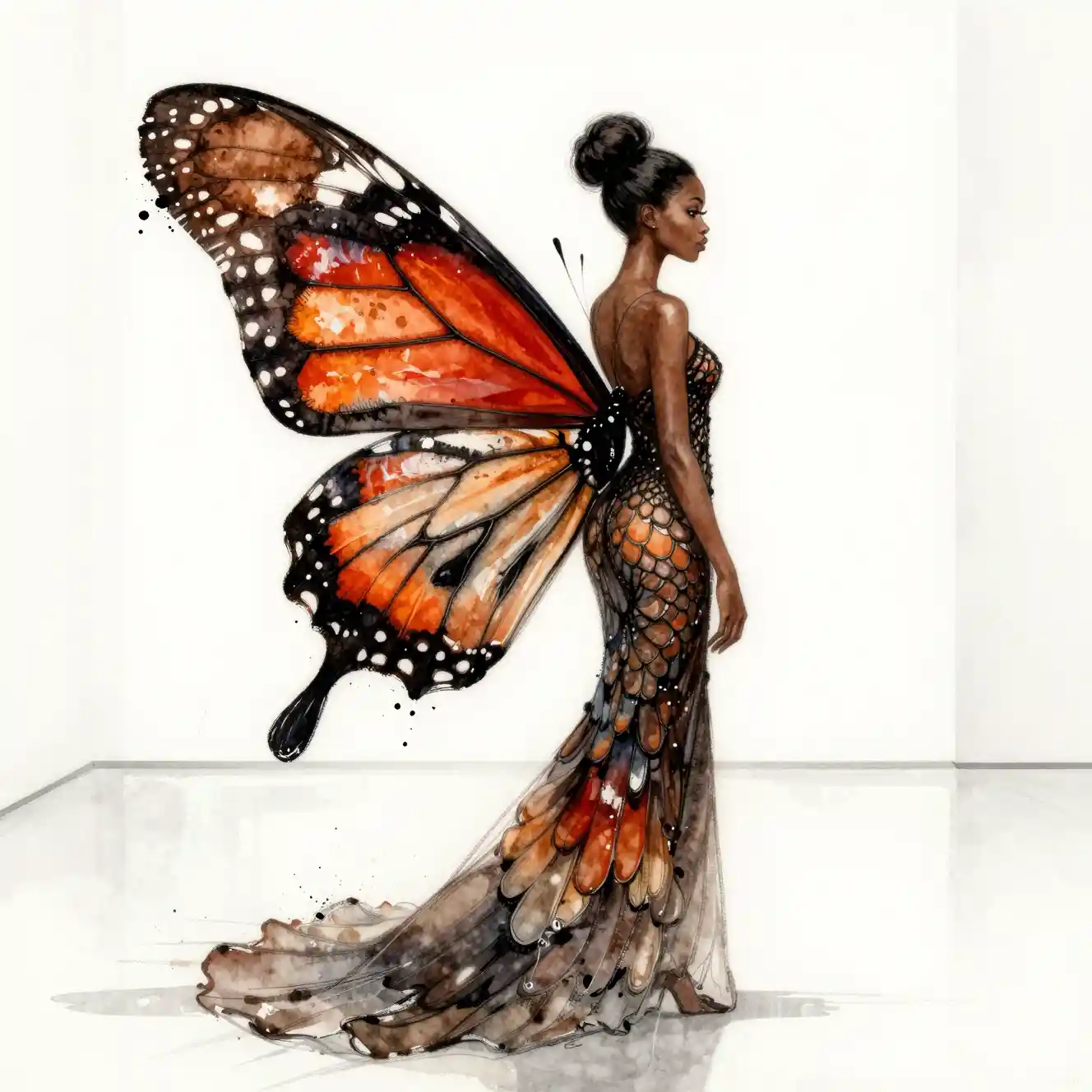 Watercolor woman with butterfly wing gown in gallery