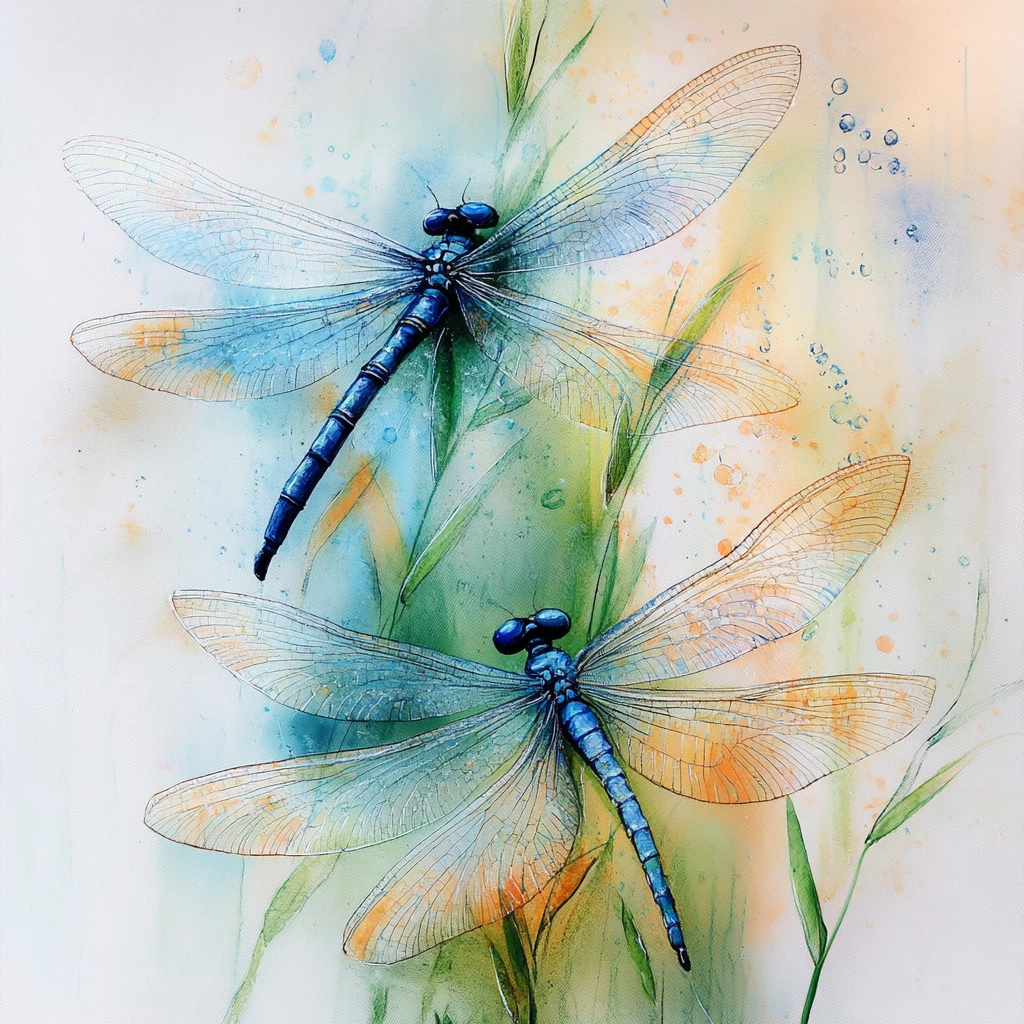 Bunte Libellen auf grünen Stielen im Aquarellstil