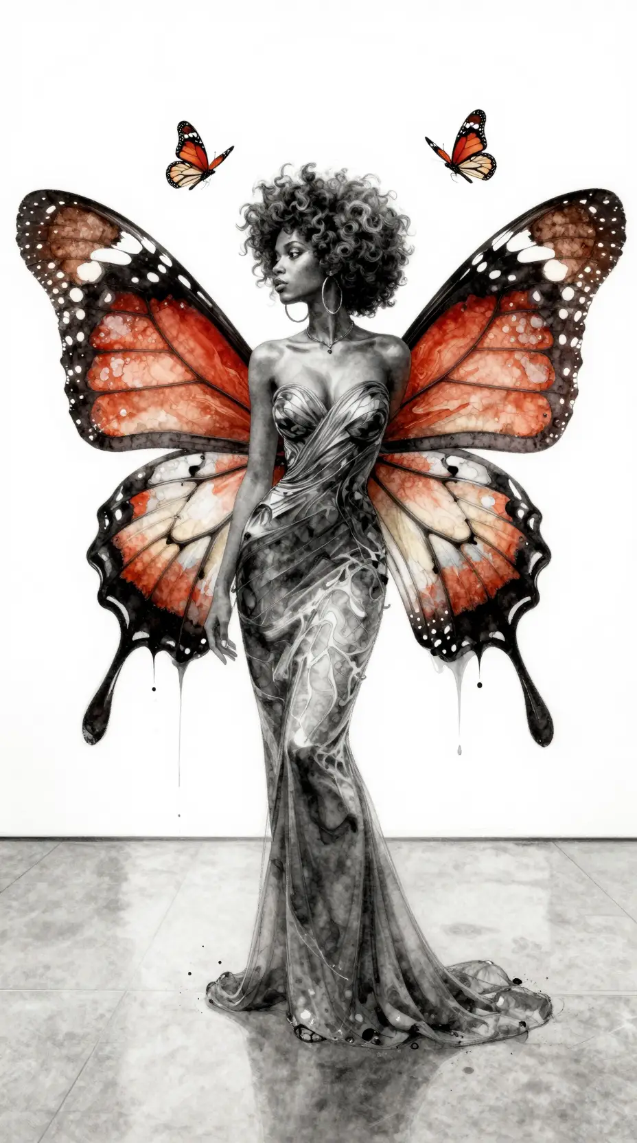 Graceful woman with butterfly wings in watercolor profile portrait