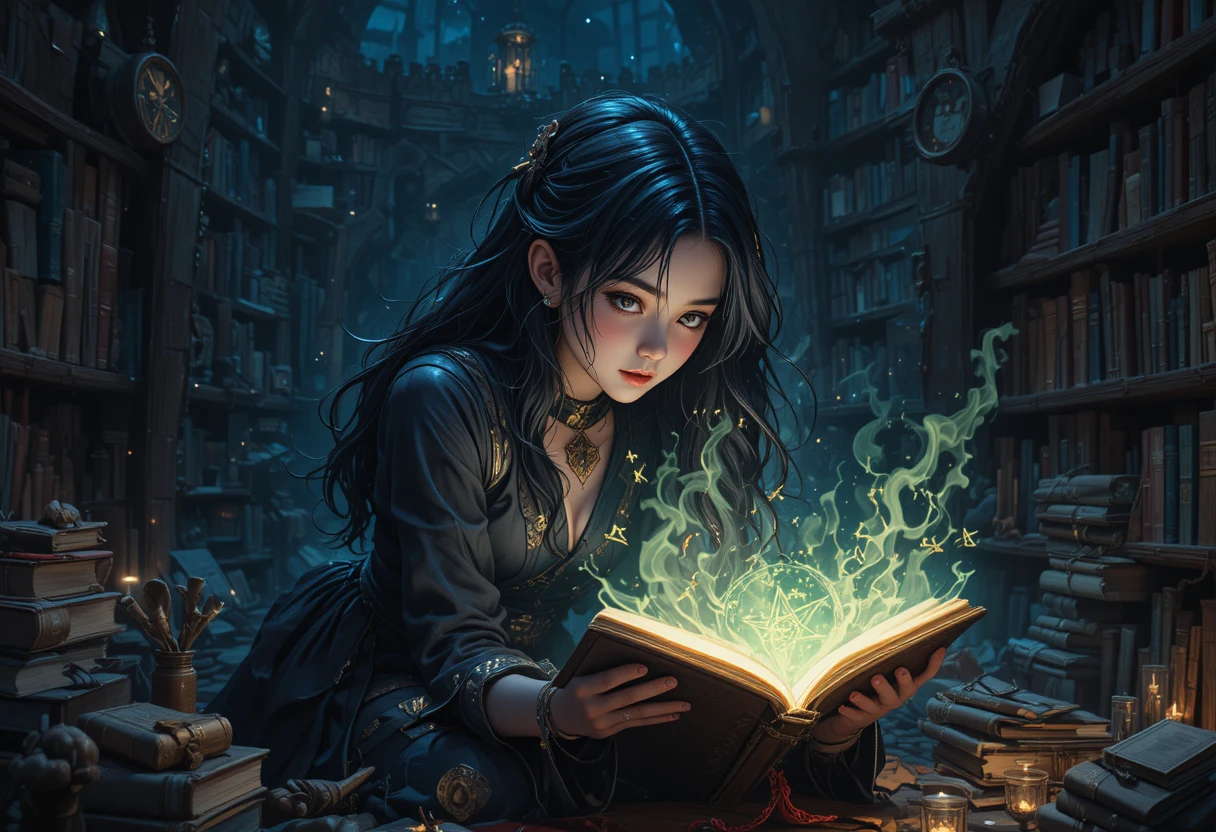 Giovane strega che legge un libro arcano luminoso nell’ombra