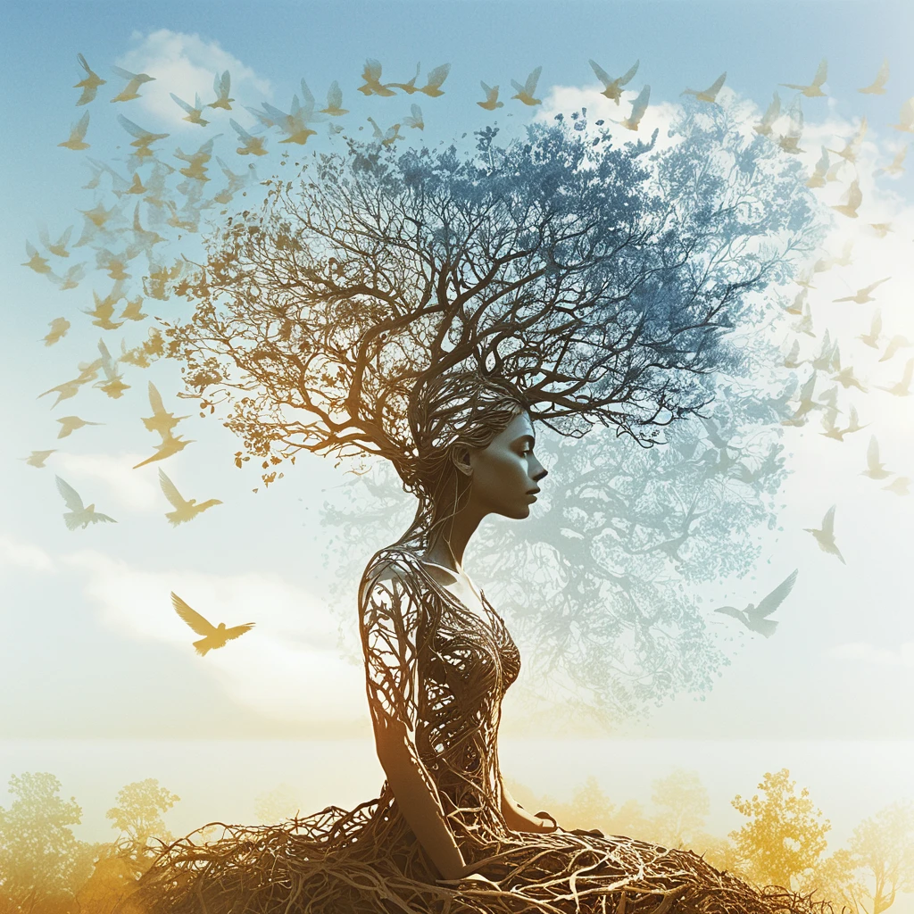 Meditating woman merging with tree roots at sunset