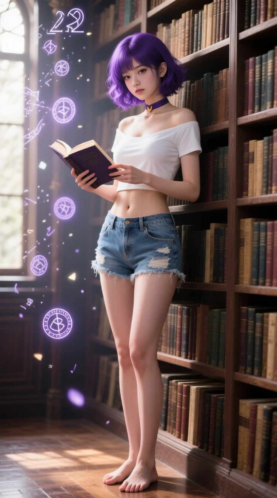 Donna a piedi nudi che legge davanti a una parete di biblioteca antica