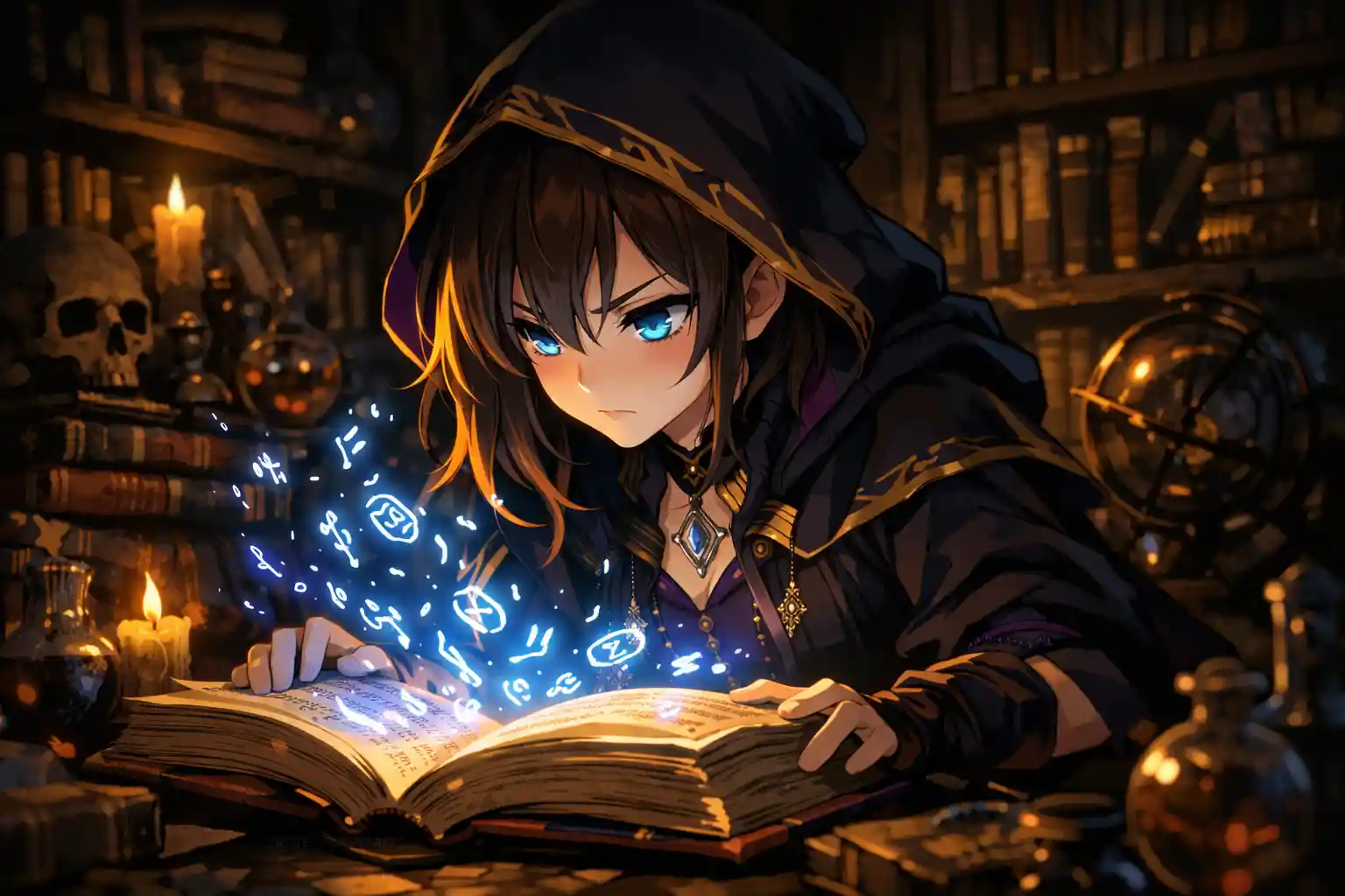 陰暗圖書館中閱讀發光魔法古書的年輕女巫