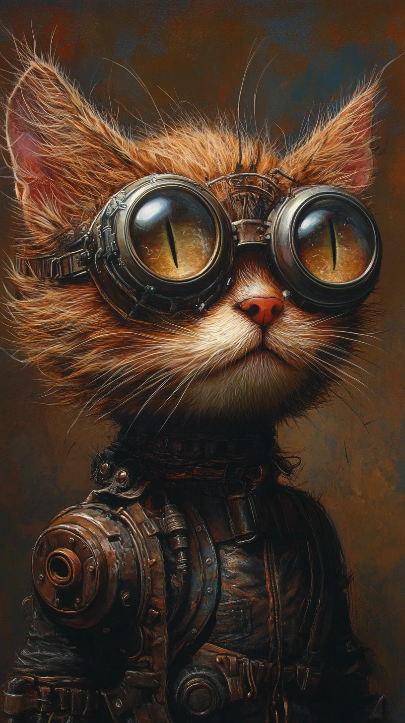Surreal steampunk cat figure with intense futuristic gaze