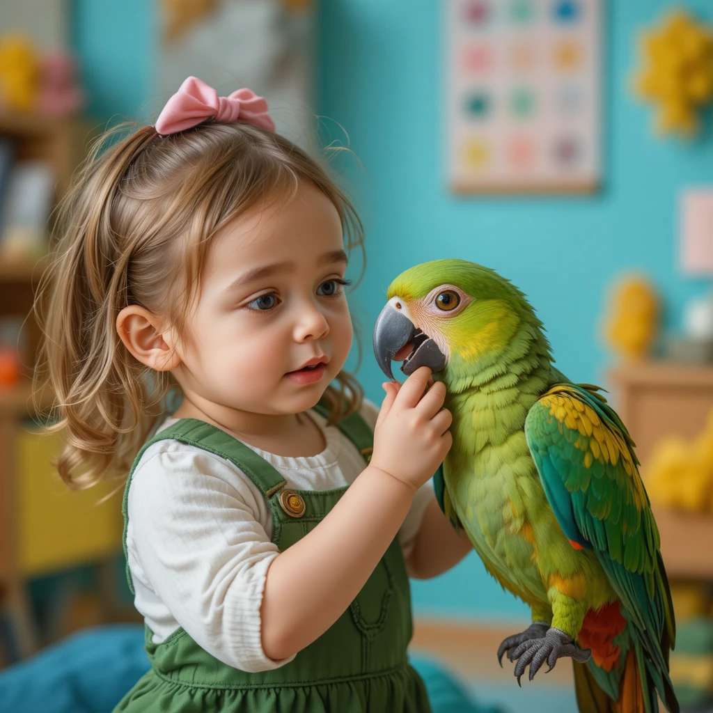 Young girl playing with a forpus parrot in class