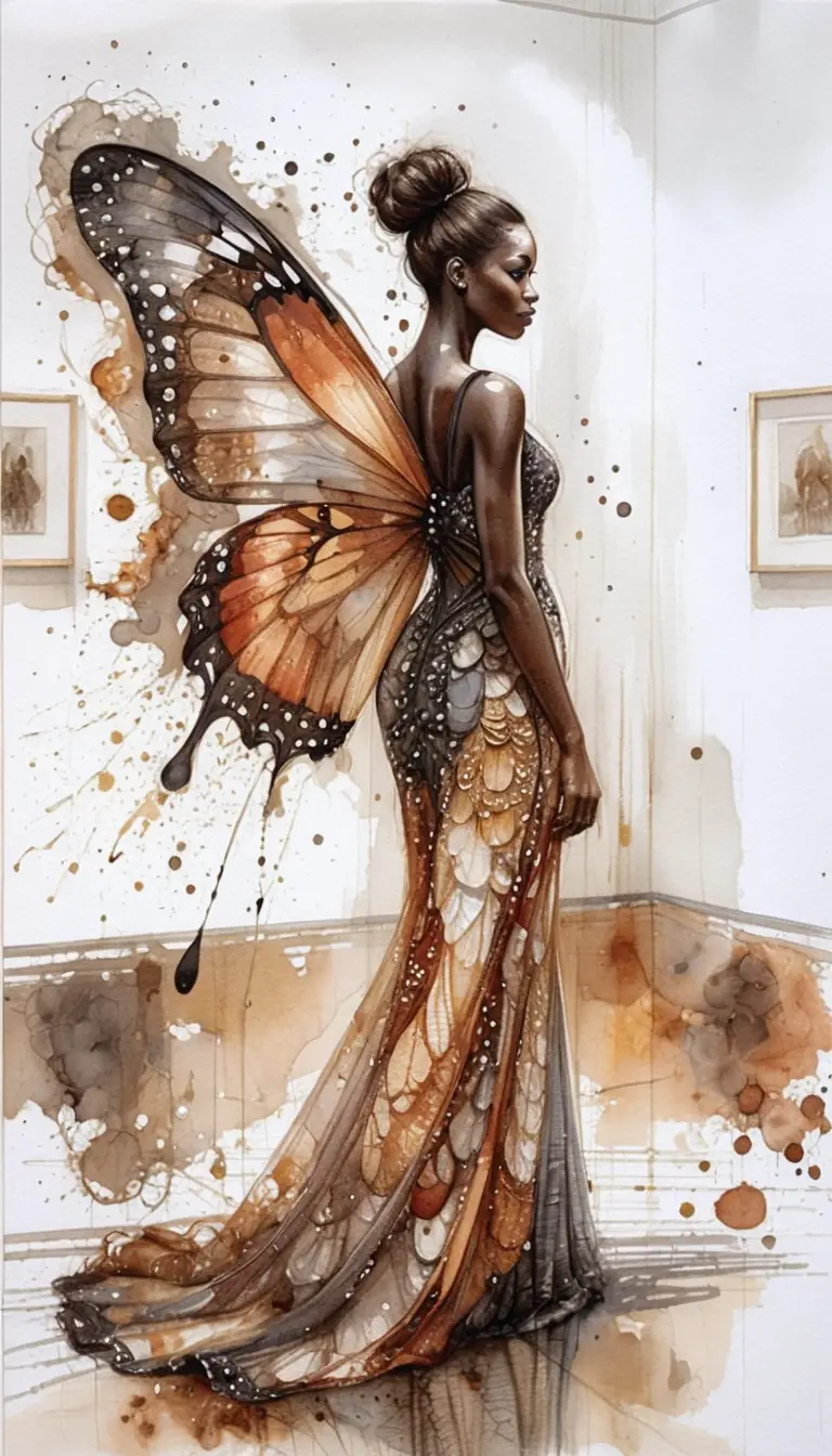 Elegant woman with butterfly wings in watercolor profile