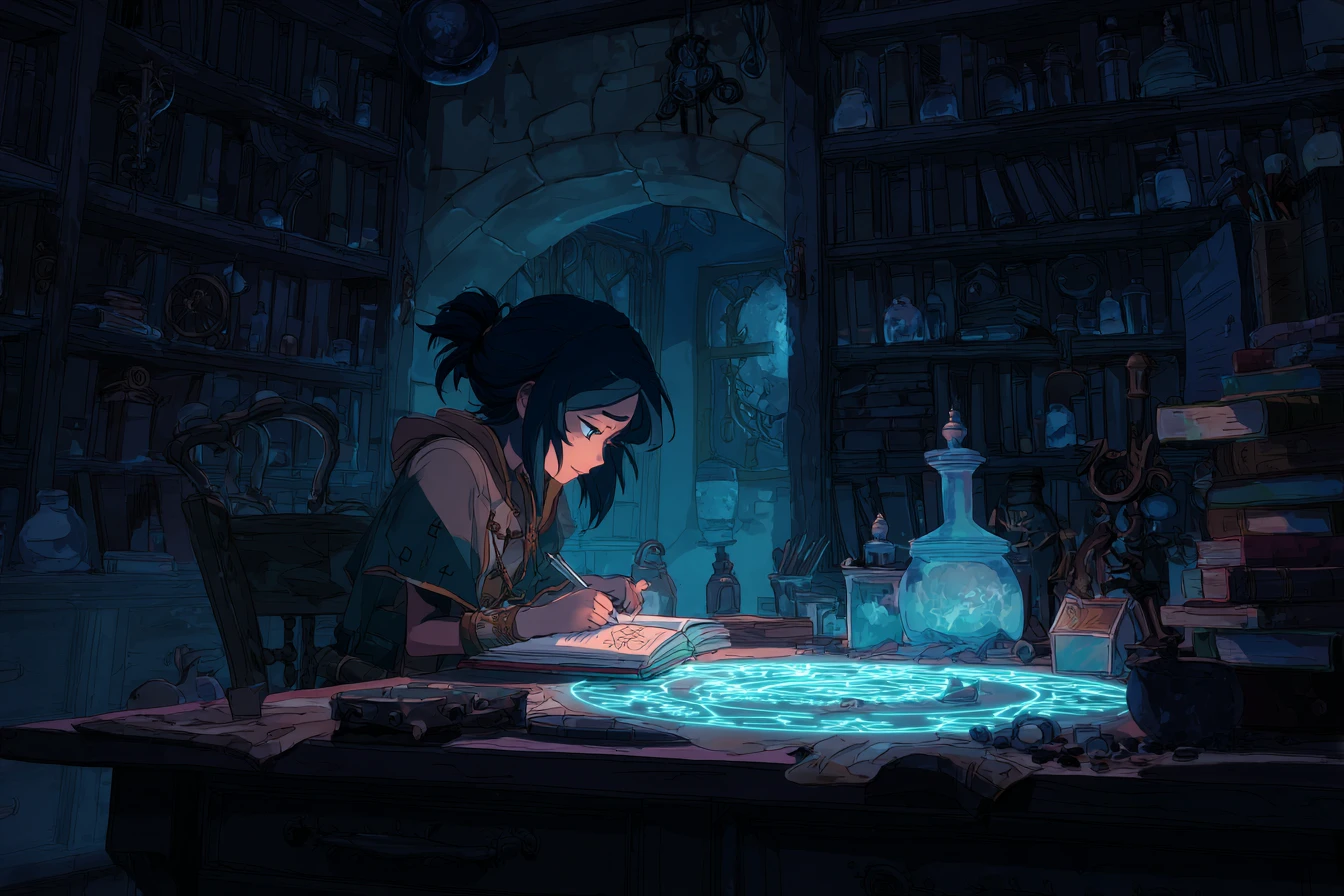 Giovane strega che studia un tomo magico luminoso nell’ombra