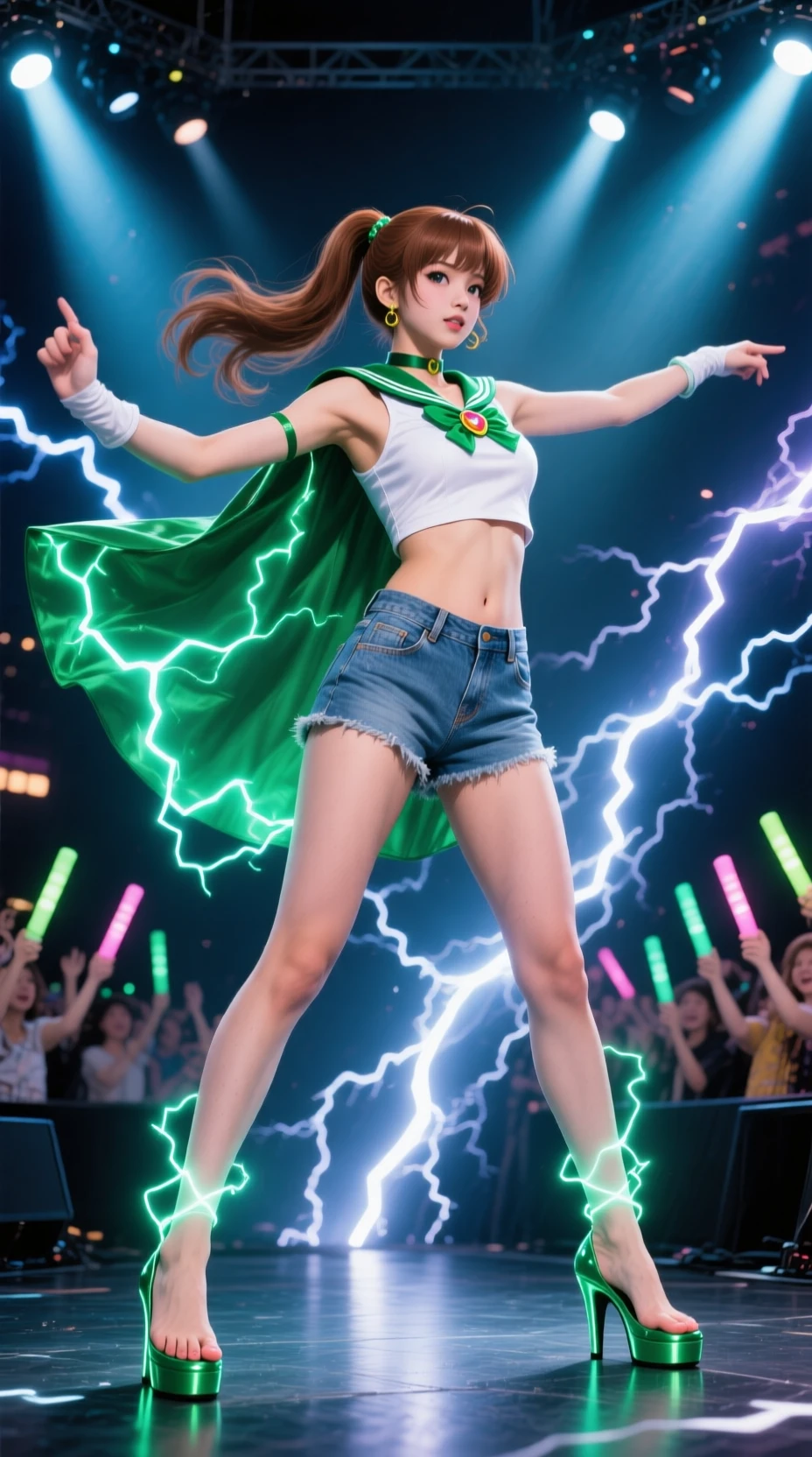 Energetic idol dancer on lightning concert stage