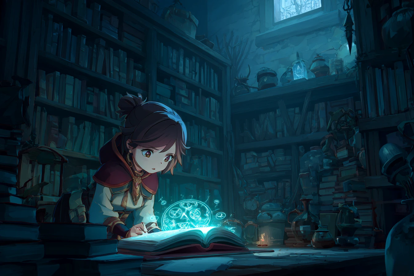 Giovane strega che studia un tomo magico luminoso in una biblioteca in penombra