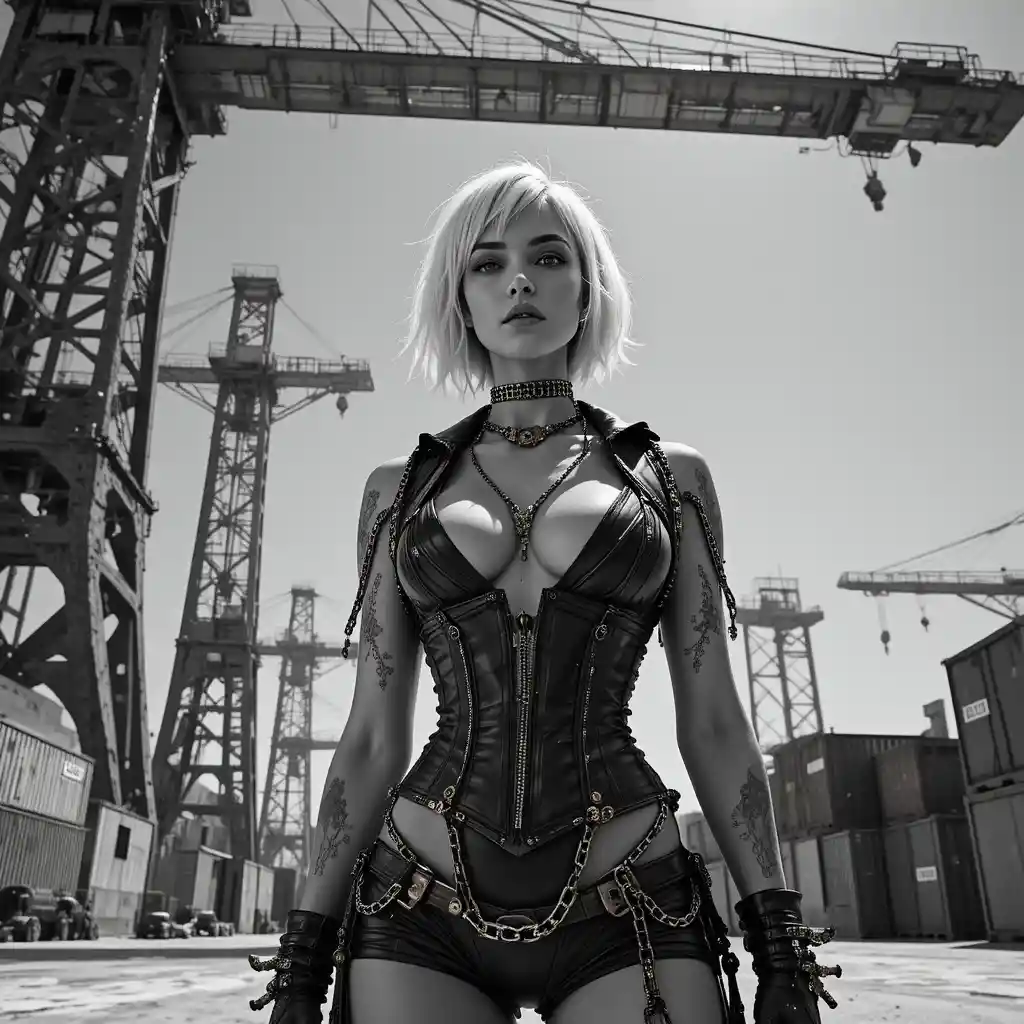 Cyberpunk fashion woman under cranes in harsh daylight