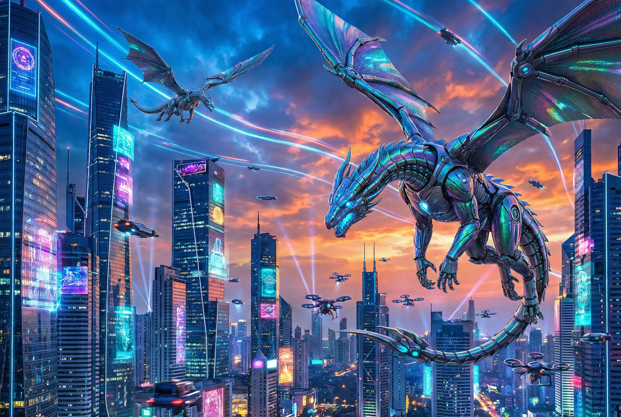 Dragon cybernétique survolant une ville futuriste néon