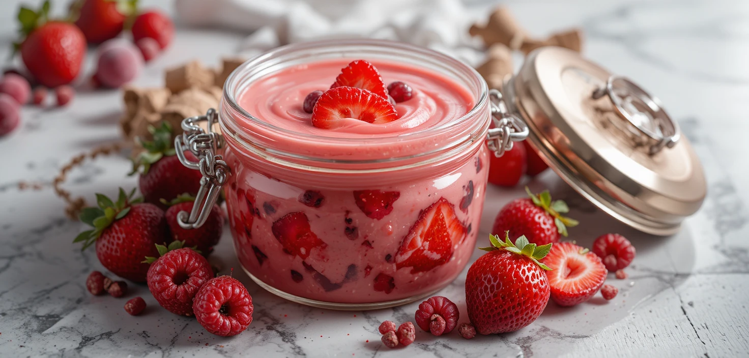 Nahaufnahme eines Fruchtjoghurt-Bechers vor hellem Studiohintergrund