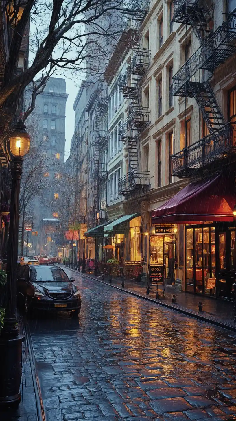 Cinematic rainy New York street with glowing shopfronts