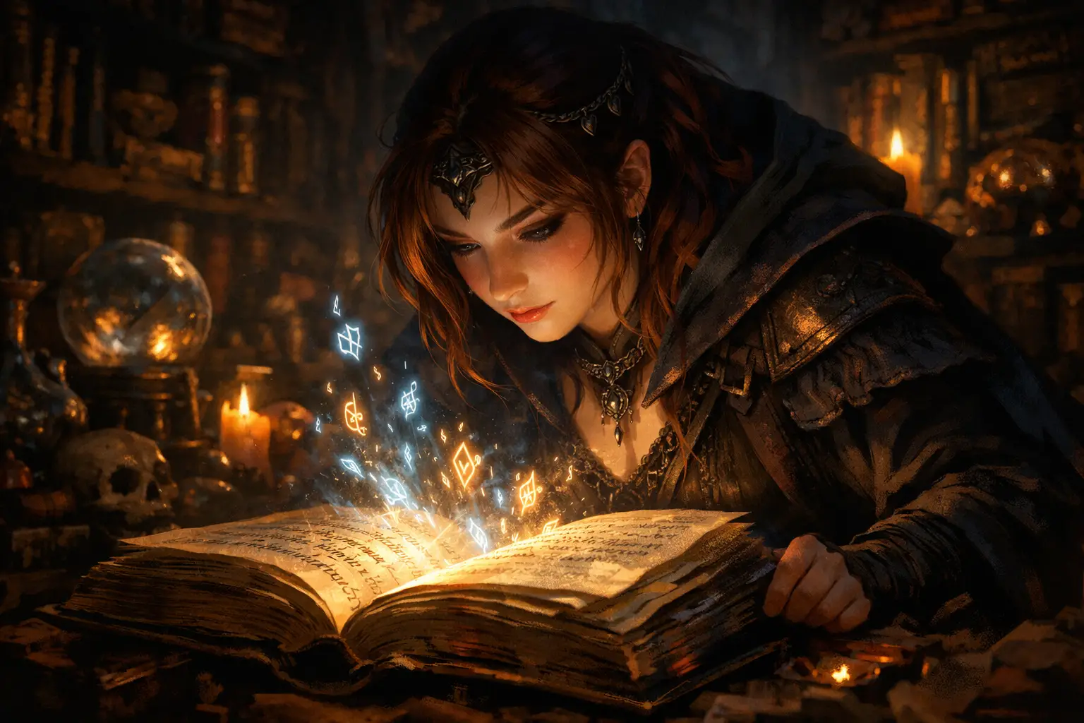Young sorceress reading a glowing magical tome in shadows