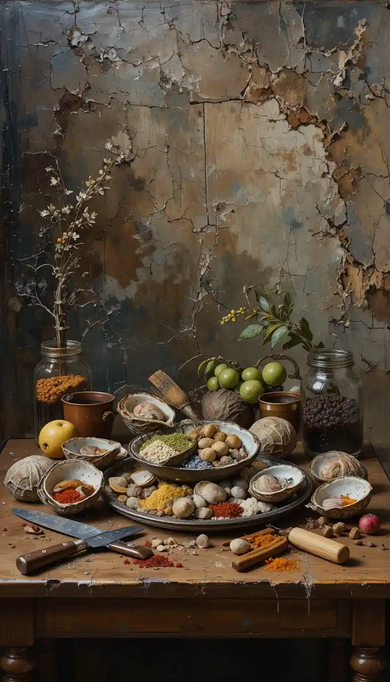 Classic oil portrait above still life with fish and oysters