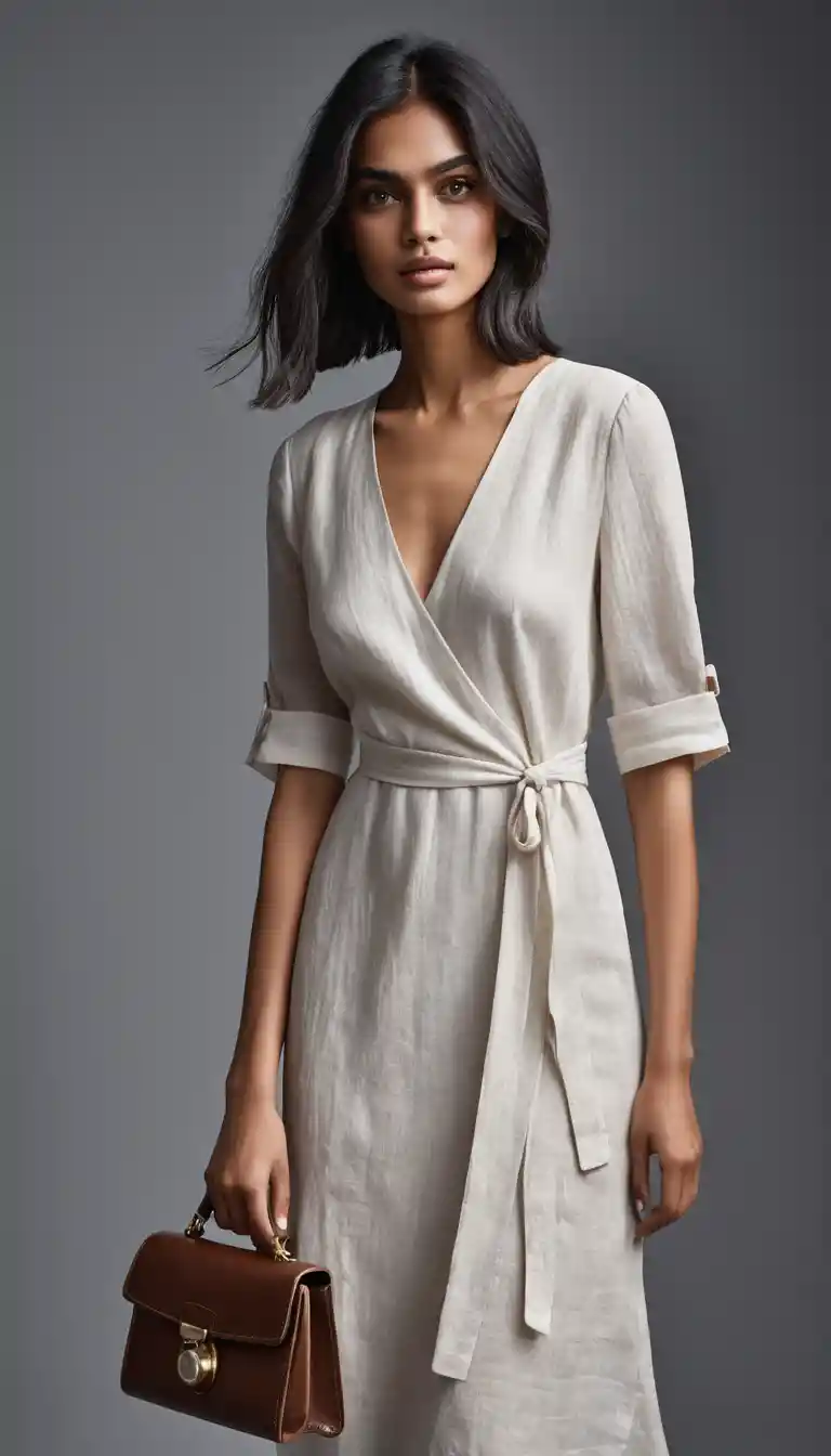Giovane donna elegante in abito di lino con accessori di designer