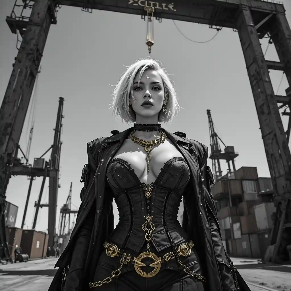 Cyberpunk fashion woman under cranes at industrial harbor
