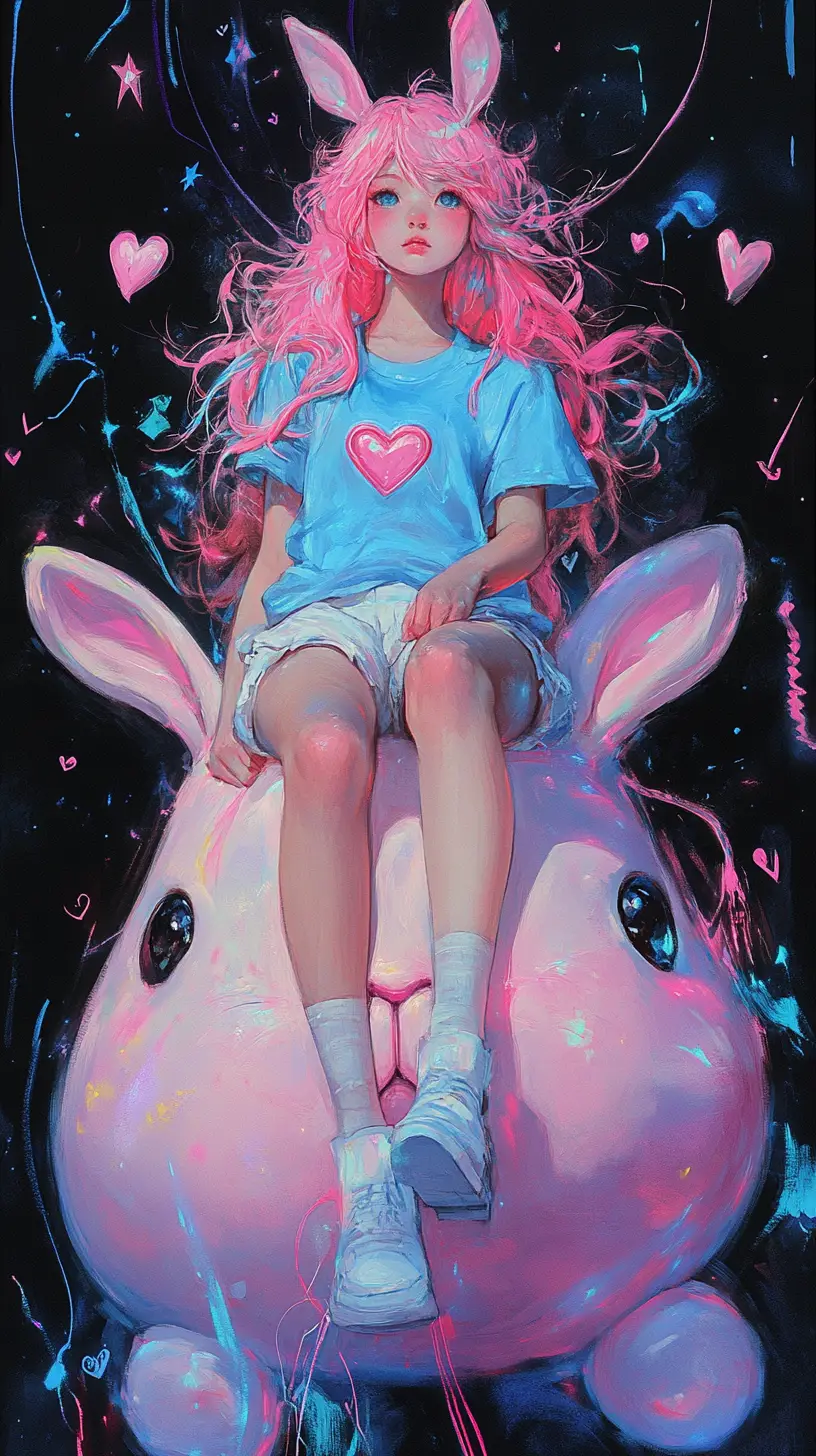 Pink haired girl riding a giant rabbit in neon night