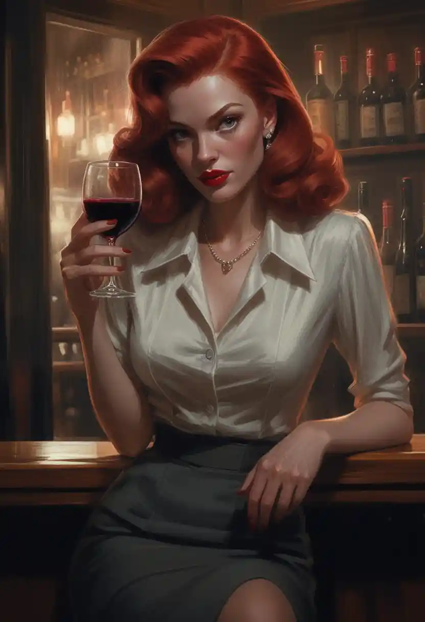 Pelirroja femme fatale alzando una copa en un bar noir