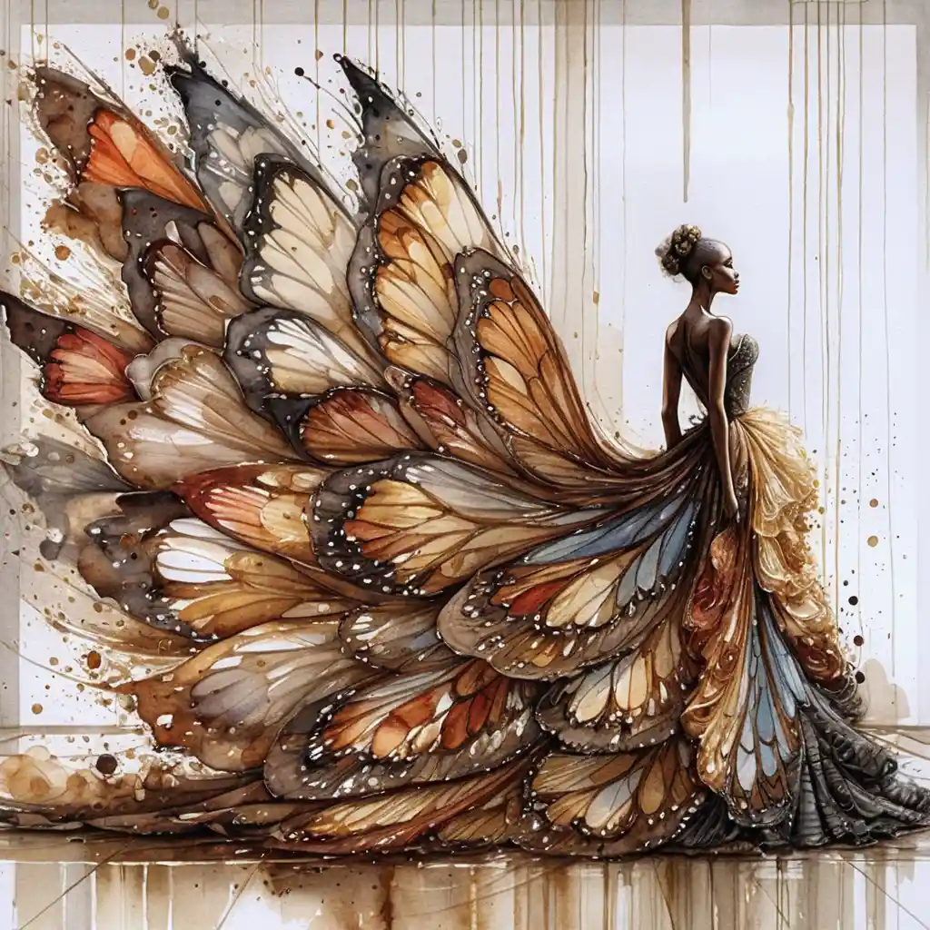 Watercolor woman with butterfly wings in minimalist gallery