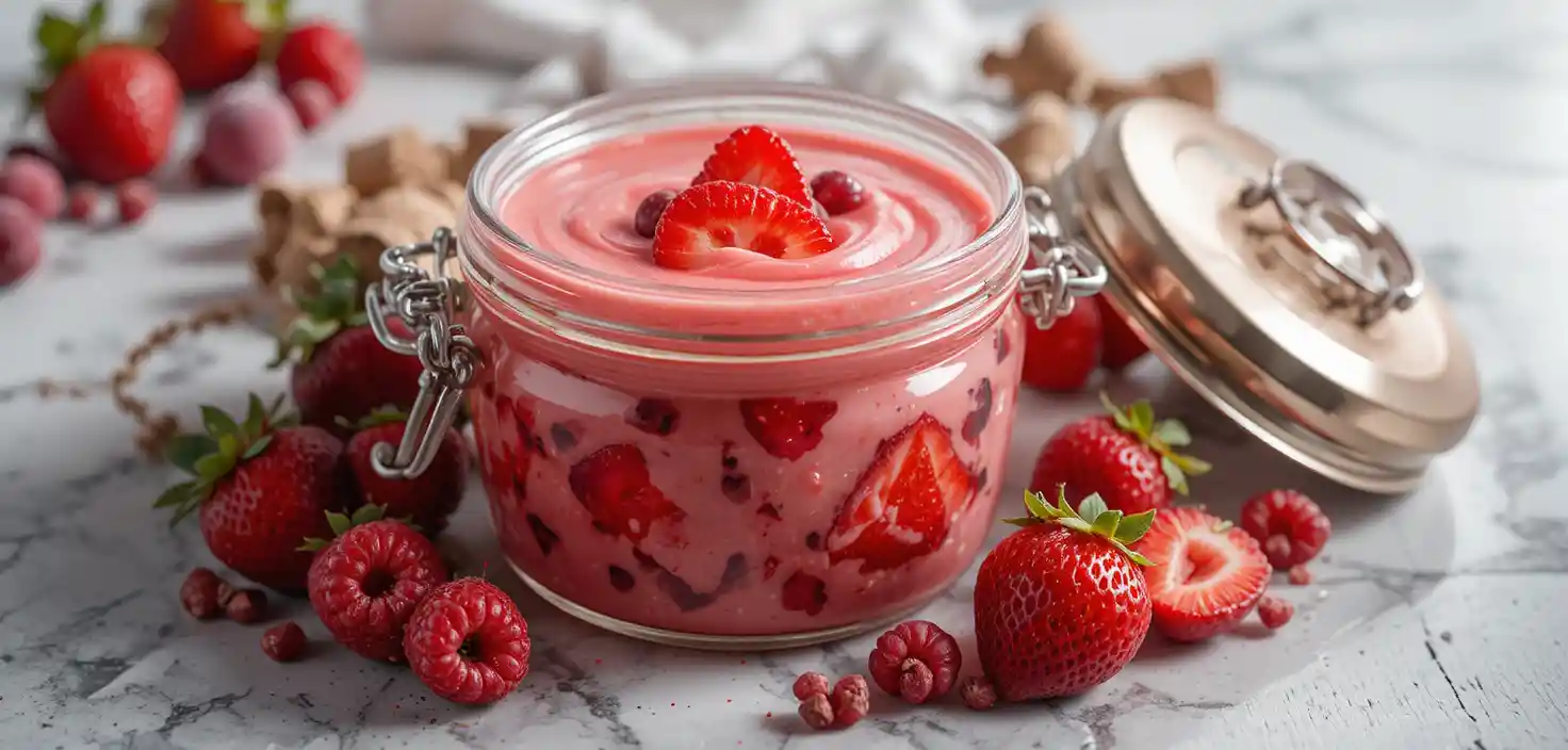 Nahaufnahme eines Fruchtjoghurt-Bechers vor hellem Studiohintergrund
