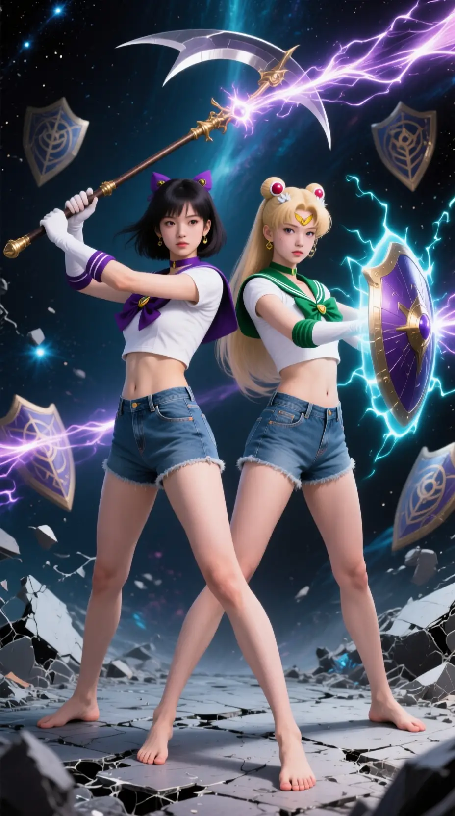 Twin warrior women unleash a celestial energy strike